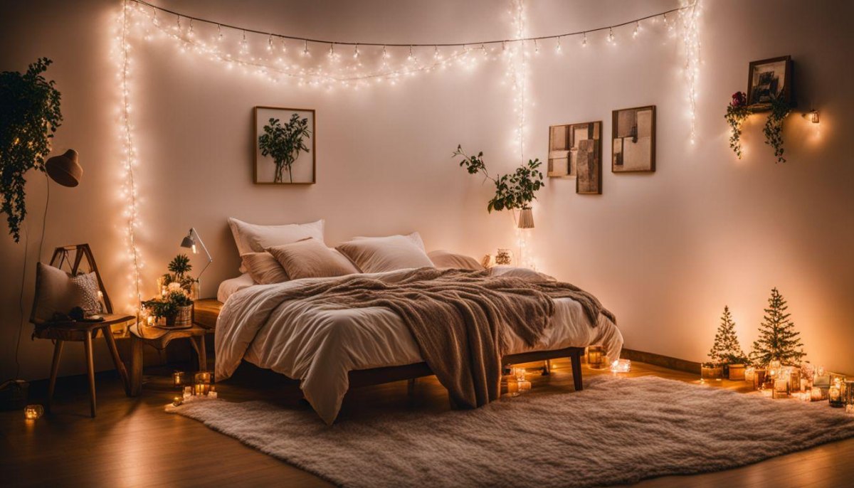 Cozy apartment with warm fairy lights and soft ambient lamps