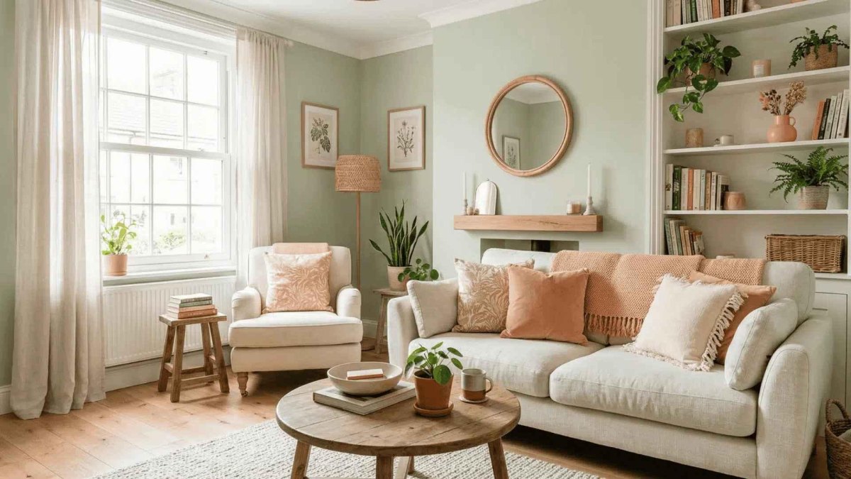 Soft pastel apartment decor with blush pink sage and cream furnishings