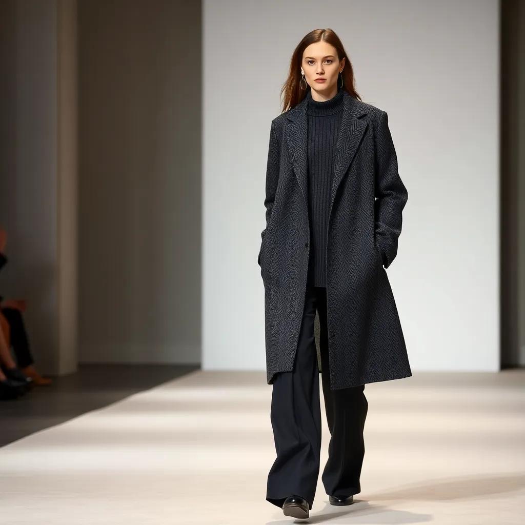 Tall model wearing long statement coat