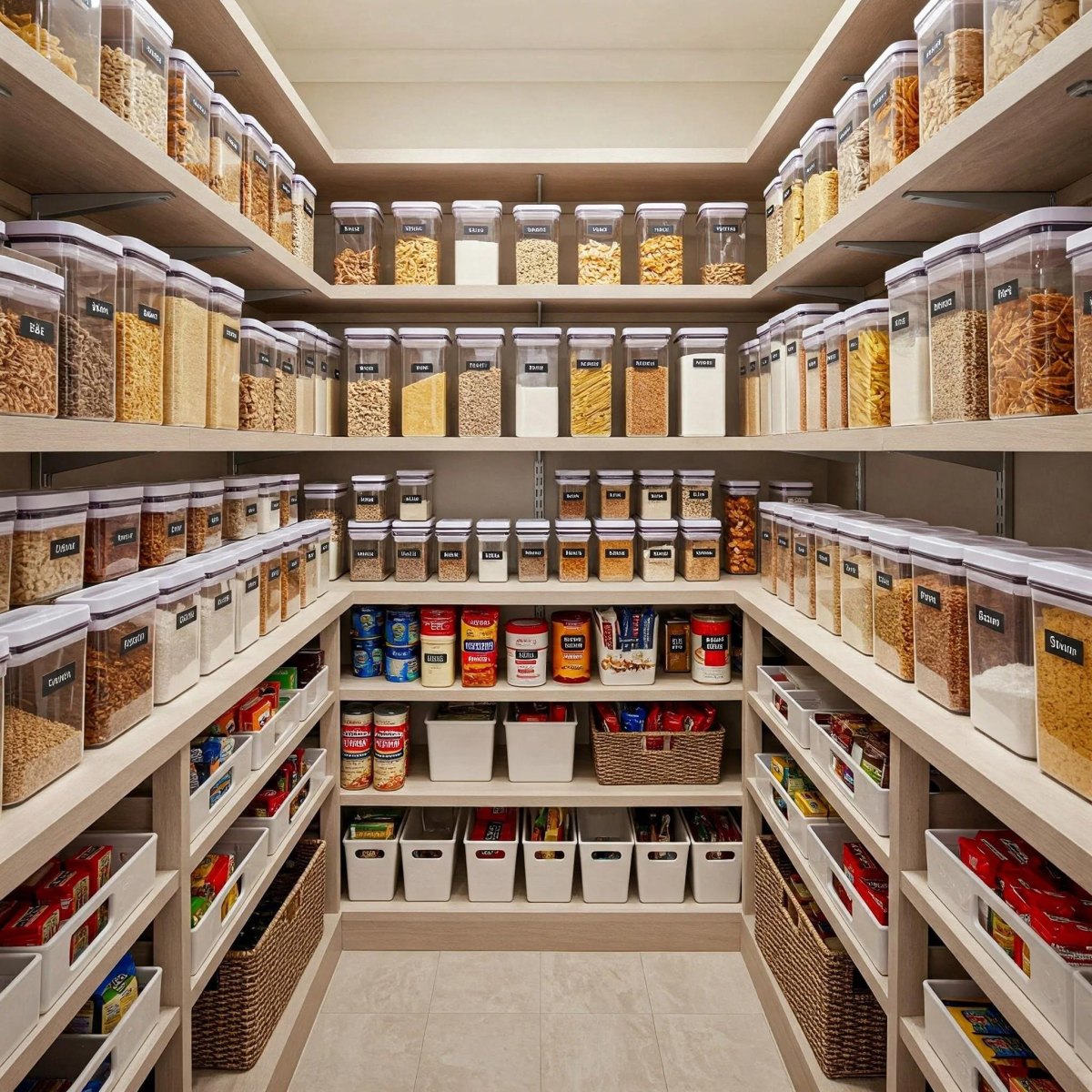 Clear labeled containers filled with pantry dry goods