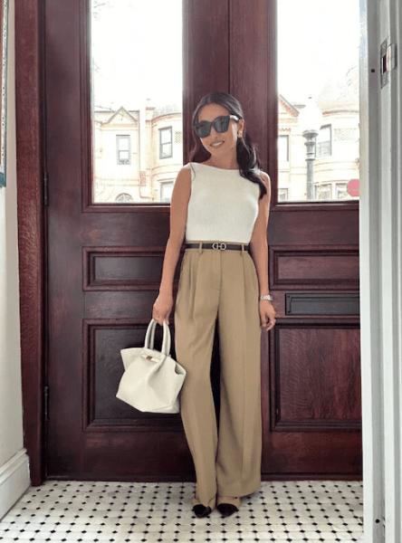 Petite woman wearing wide leg pants