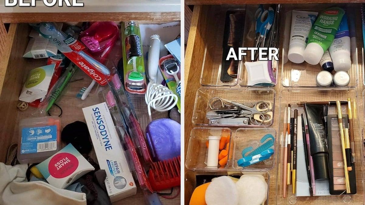 Bathroom drawer transformation with toiletries neatly arranged in organized compartments