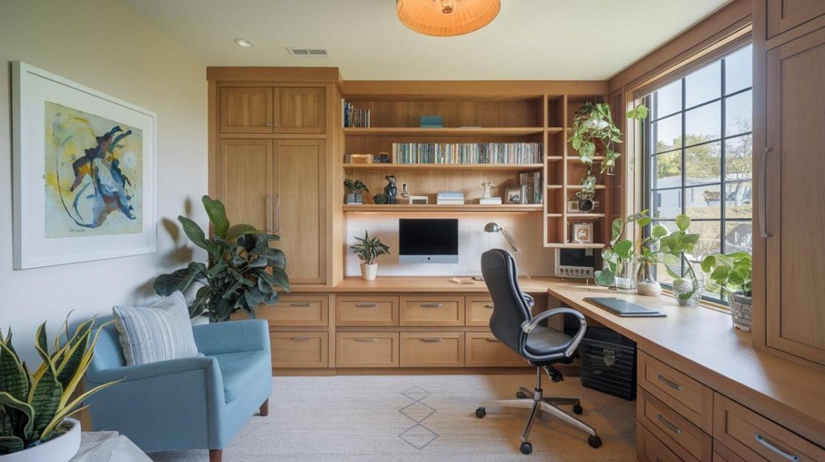 Productive home office with wooden desk ergonomic chair and plants