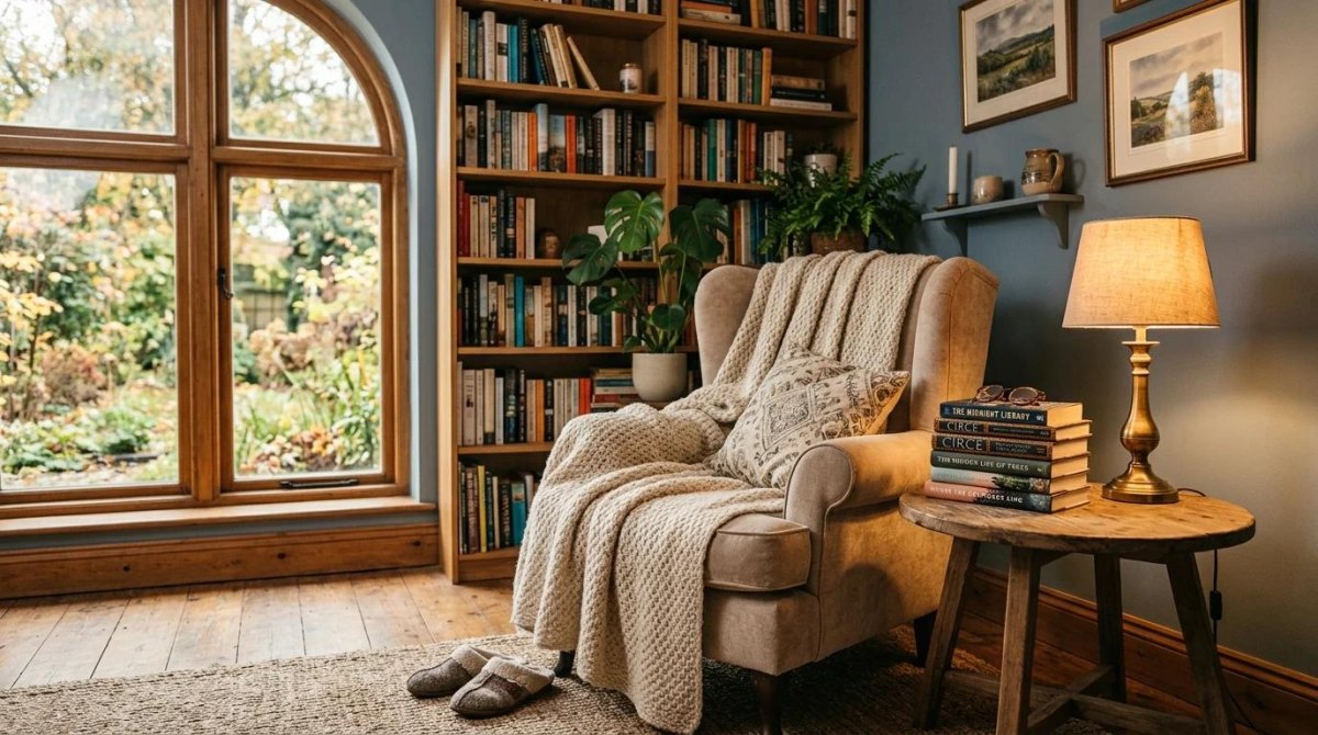 Cozy reading nook with upholstered armchair floor lamp and bookshelves