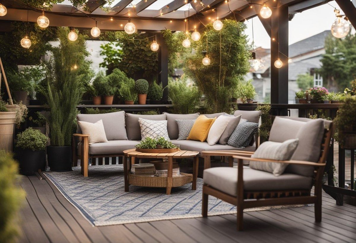 Cozy outdoor patio with lounge seating potted plants and string lights