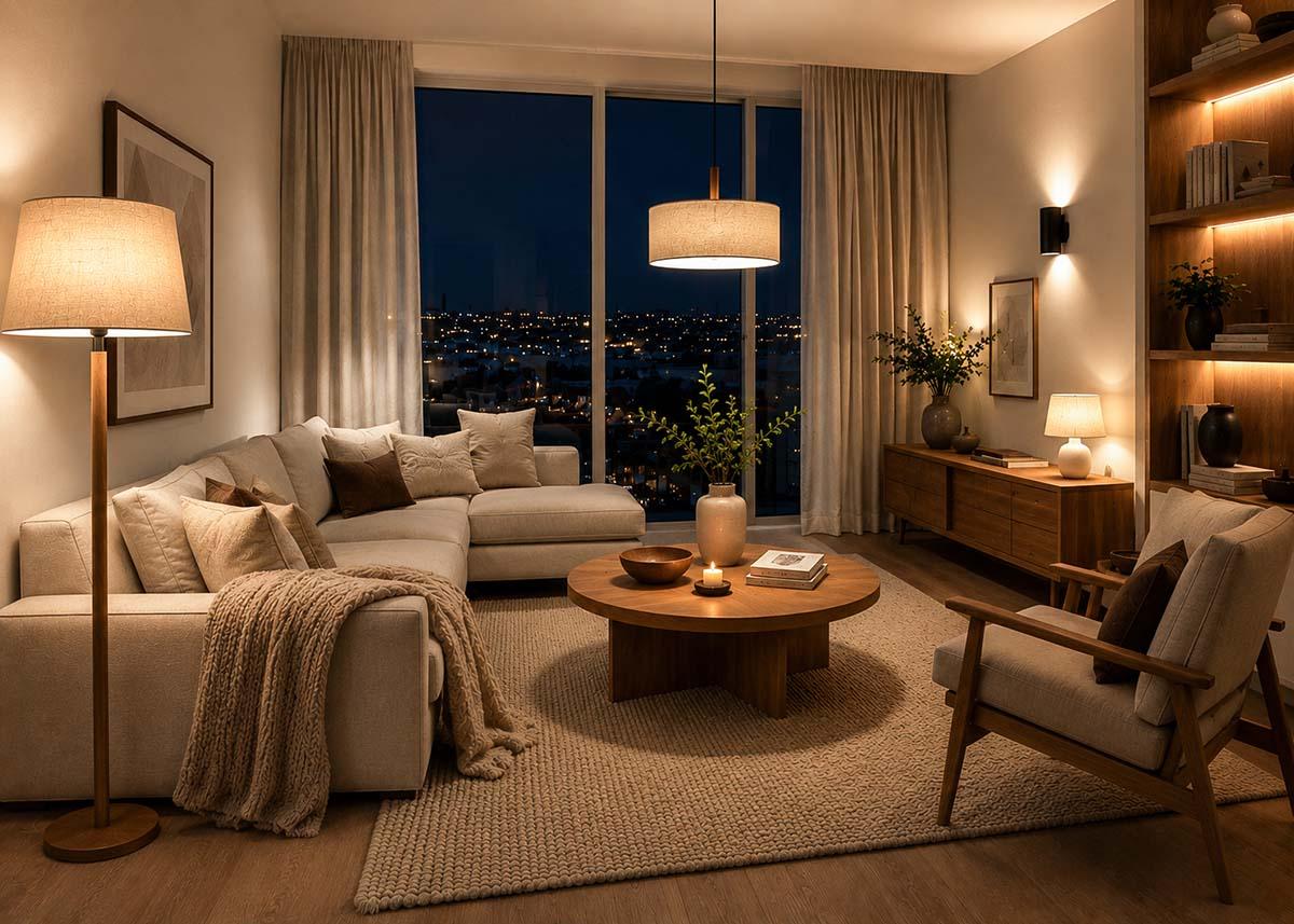Inviting living room with layered pendant table and floor lighting