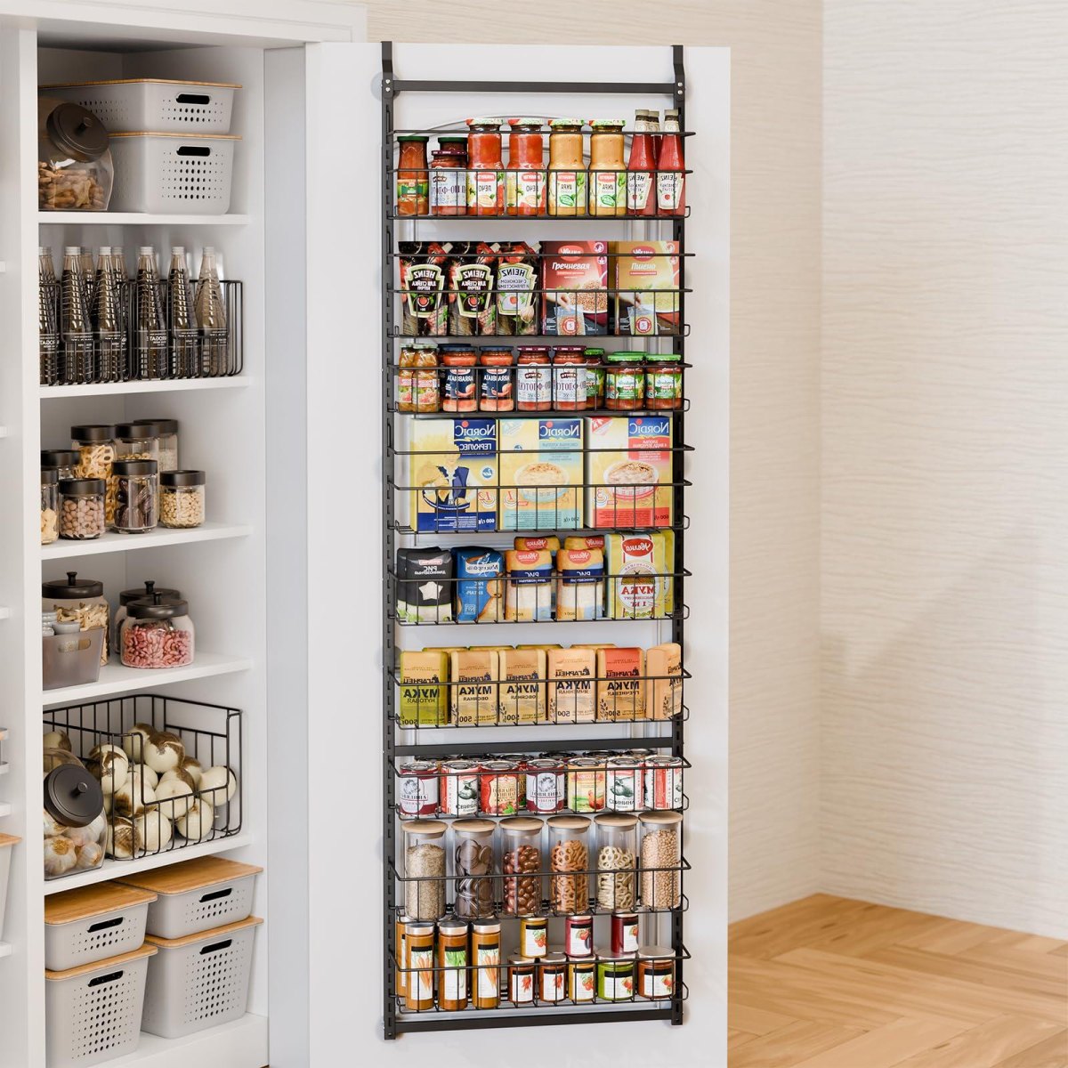 Over-the-door wire pantry organizer stores canned goods and packaged ingredients in vertical baskets.