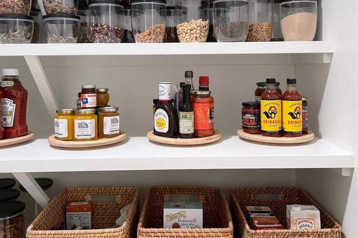 Lazy Susan holding oils sauces and pantry condiments