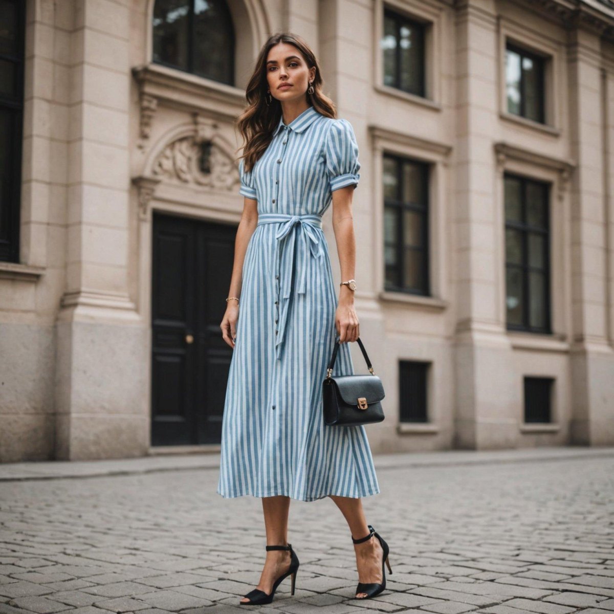 Petite woman wearing vertical lines