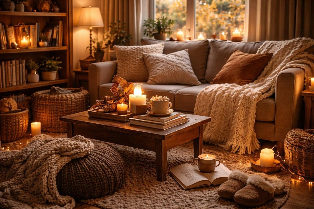 Warm apartment living room glowing with lamps and cozy evening lighting