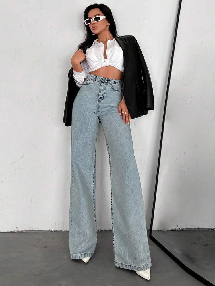 Tall model wearing wide leg jeans