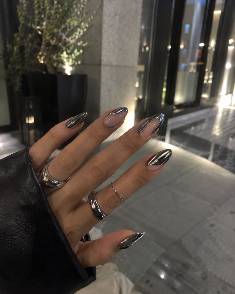 Futuristic silver chrome nails inspired by Zendaya